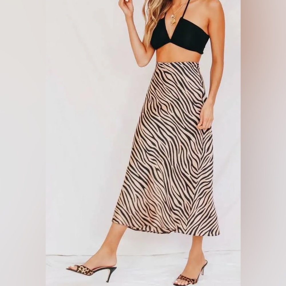 Tiger print midi satin slip skirt